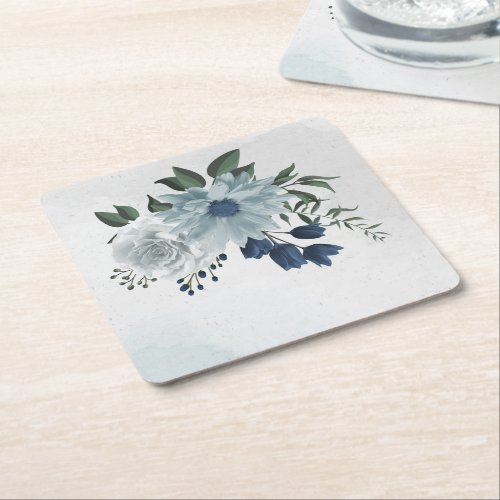 white  blue floral greenery wedding square paper coaster