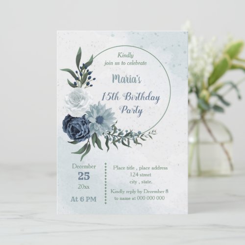 white  blue floral greenery wreath birthday party invitation