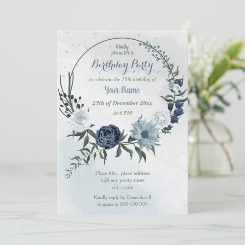 white  blue floral greenery wreath birthday party invitation