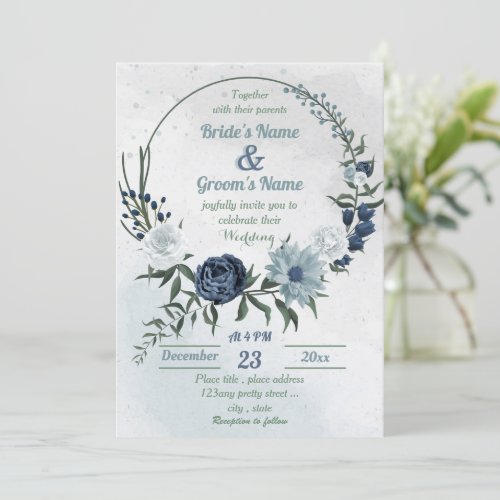 white  blue floral greenery wreath wedding invitation