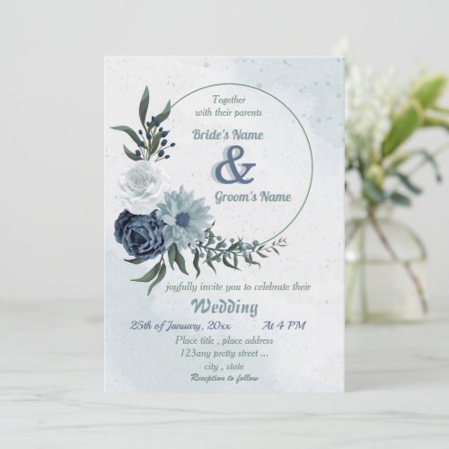 white  blue floral greenery wreath wedding invitation