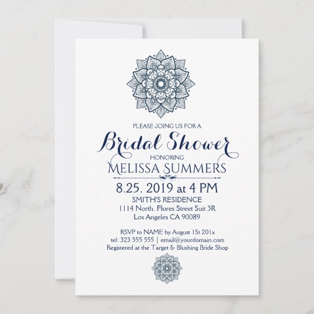 White & Blue Floral Mandala Bridal Shower Invite (Front)