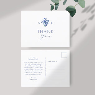 White Blue Floral Monogram Thank You Postcard