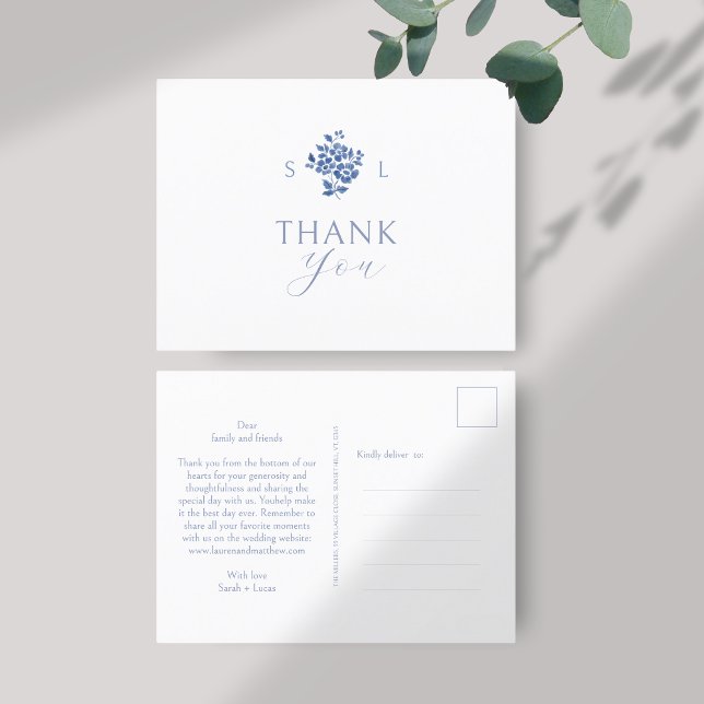 White | Blue Floral Monogram Thank You Postcard (Creator Uploaded)