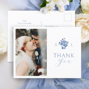 White   Blue Floral Monogram Thank You Postcard