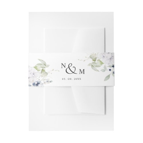 White Blue Floral Monogram Wedding Invitation Belly Band