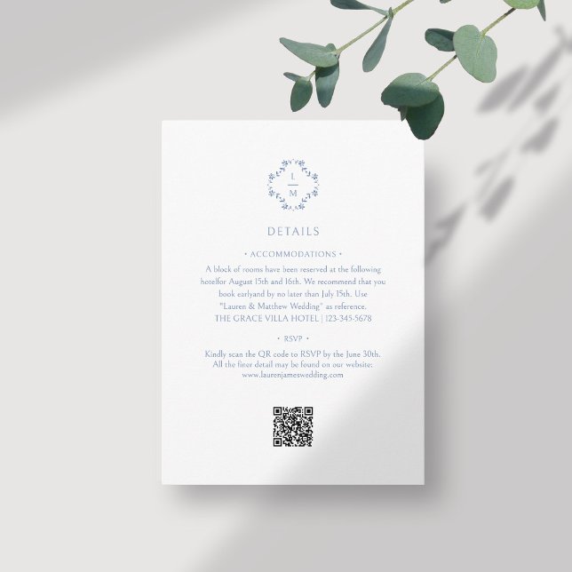 White + Blue | Floral Monogrammed QR Code Wedding Enclosure Card (Creator Uploaded)