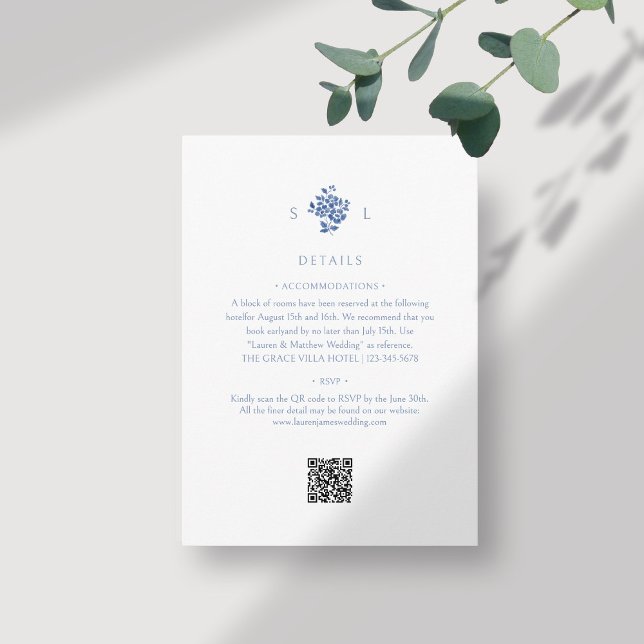 White + Blue | Floral Monogrammed QR Code Wedding Enclosure Card (Creator Uploaded)