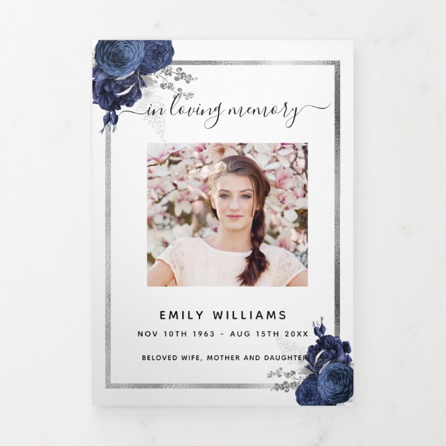 White blue floral photo tri-fold funeral program (Cover)