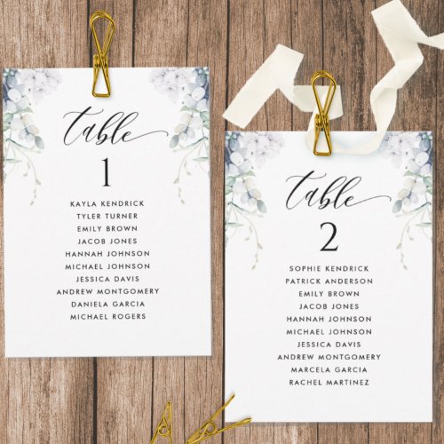 White Blue Floral Seating Plan Cards wGuest Names