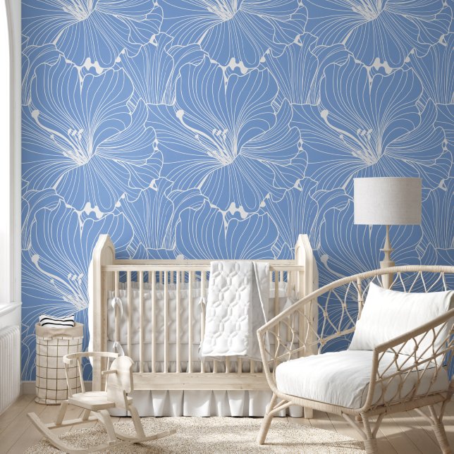 White blue floral tile pattern wallpaper  (Kids)