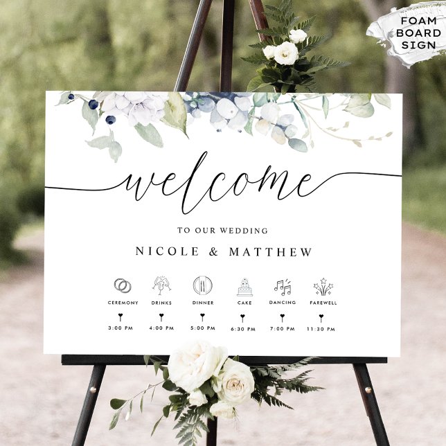 White Blue Floral Wedding Welcome, Timeline Sign (Creator Uploaded)