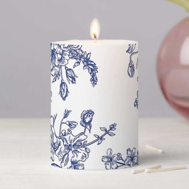 White & Blue Flower 3" x 4" Pillar Candle (In Situ)