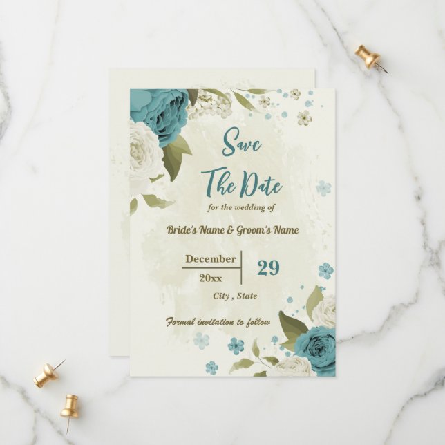 white & blue flowers botanical wedding save the date (Front/Back In Situ)