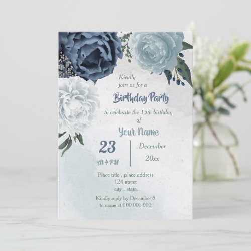white blue flowers greenery birthday party invitation