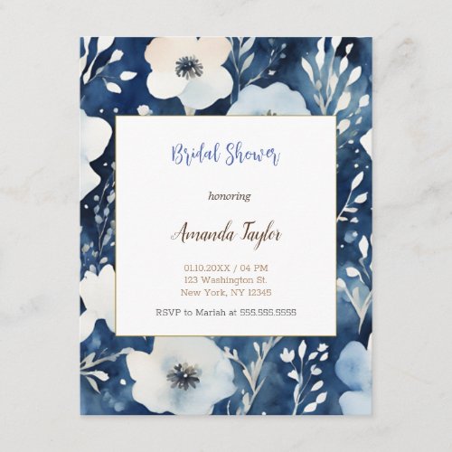 White Blue Flowers Minimal Bridal Shower Card