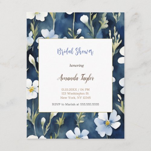 White Blue Flowers Minimal Bridal Shower Card