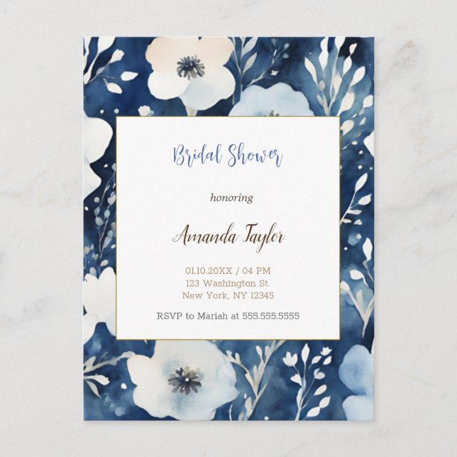 White Blue Flowers Minimal Bridal Shower Card (Front)
