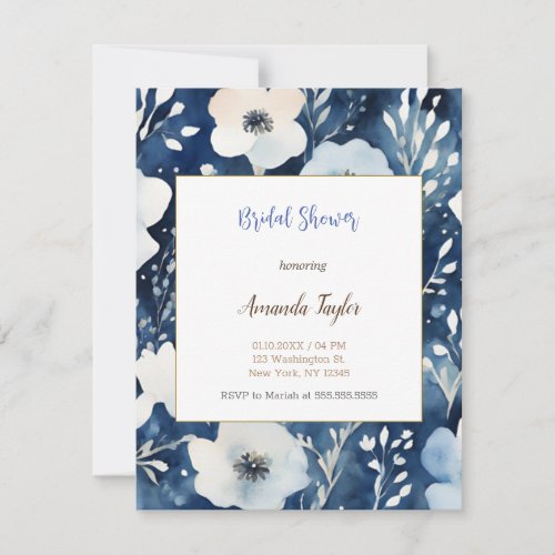White Blue Flowers Minimal Bridal Shower Card