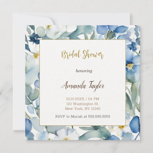 White Blue Flowers Minimal Bridal Shower Invitation