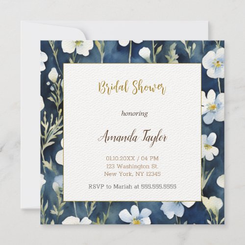 White Blue Flowers Minimal Bridal Shower Invitation