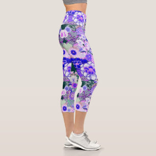 WHITE BLUE FLOWERS Peony Roses Japanese Floral Capri Leggings