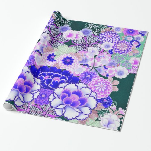 WHITE BLUE FLOWERS PeonyRoses Japanese Floral Wrapping Paper
