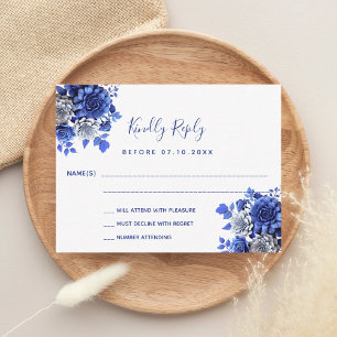 White blue flowers wedding response RSVP Note Card