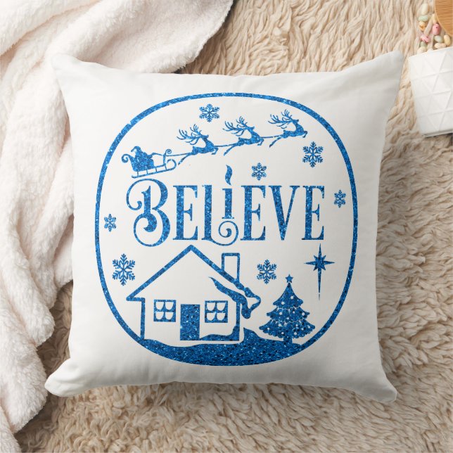 White & Blue Glitter Believe Christmas Decorative Throw Pillow (Blanket)