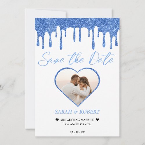 White  Blue Glitter Drip Heart Photo Wedding Save The Date