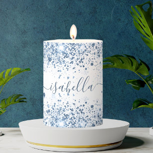 White blue glitter dust name script elegant pillar candle