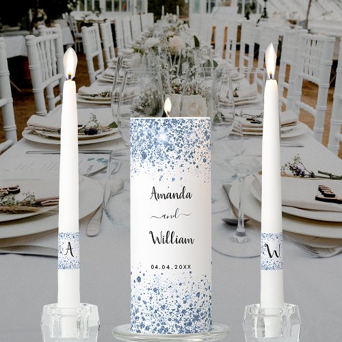 White blue glitter dust names winter wedding unity candle set