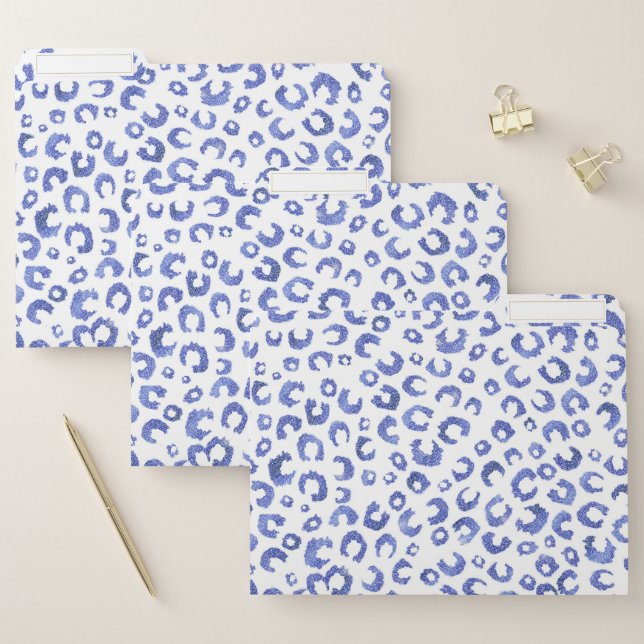 White Blue Glitter Leopard Animal Print File Folder (Set)