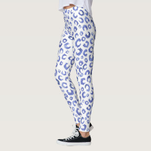 White Blue Glitter Leopard Animal Print Leggings