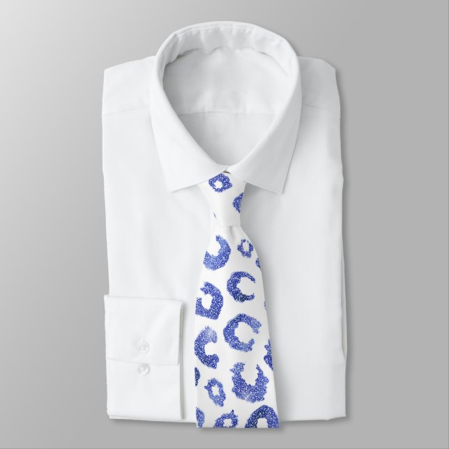 White Blue Glitter Leopard Animal Print Neck Tie (Tied)