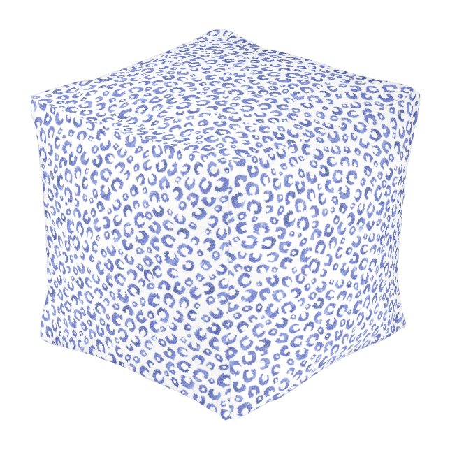 White Blue Glitter Leopard Animal Print Pouf (Angled Front)