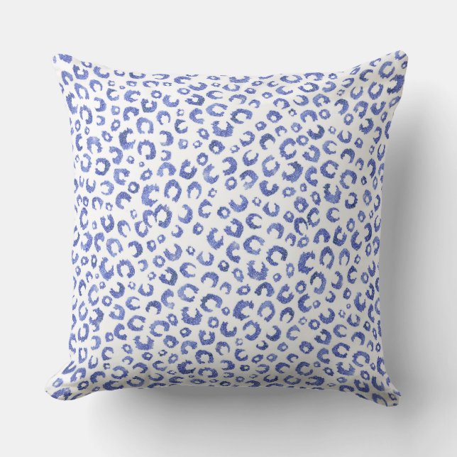 White Blue Glitter Leopard Animal Print Throw Pillow (Front)