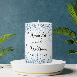 White blue glitter names elegant wedding pillar candle