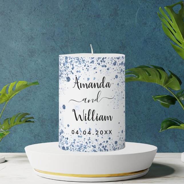 White blue glitter names elegant wedding pillar candle (Creator Uploaded)