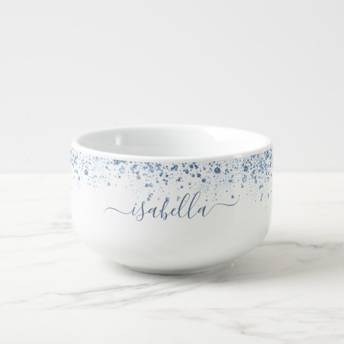 White blue glitter sparkles name script soup mug