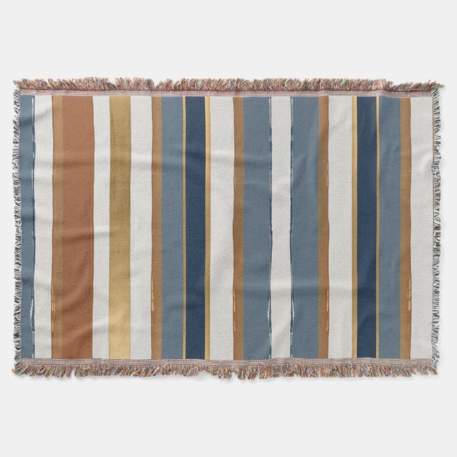 White blue gold and copper horizontal stripes throw blanket (Front)