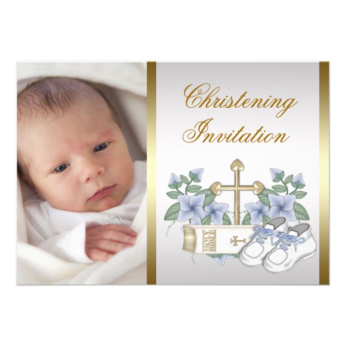 White Blue Gold Baby Boy Photo Christening Invite