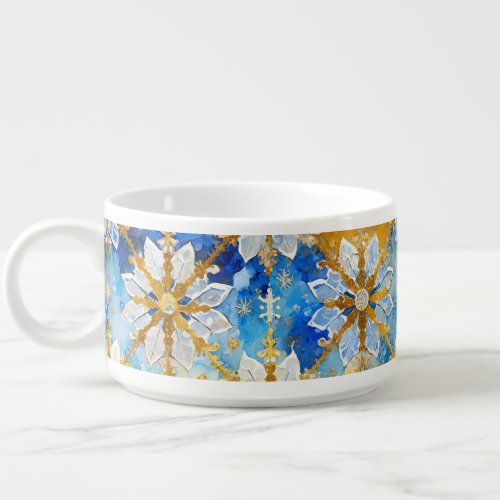 White Blue Gold Christmas Poinsettia Snowflakes Bowl