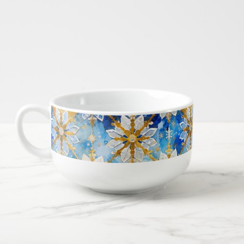 White Blue Gold Christmas Poinsettia Snowflakes Soup Mug