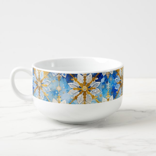White Blue Gold Christmas Poinsettia Snowflakes Soup Mug (Right)