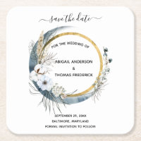 White Blue Gold Floral Watercolor Elegant Wedding  Square Paper Coaster