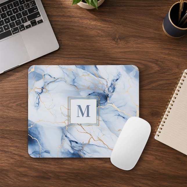White Blue Gold Marble Monogram Initial Mousepad (Creator Uploaded)
