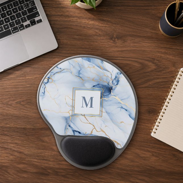 White Blue Gold Marble Monogram Initial Mousepad (Creator Uploaded)