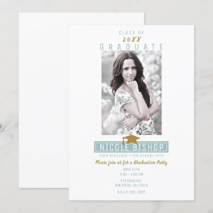 White Blue Gold Modern Photo Graduation Party Invitation