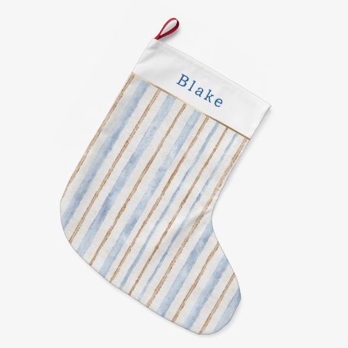 White Blue Gold Stripes Christmas   Large Christmas Stocking